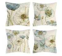 OCEUMACO Linen Cushion Covers 50cm x 50cm Sofa Bedroom Set of 4 Square Green Floral Throw Pillow Cases 20x20 Inches Outdoor Decorative Boho Flowers Pillowcases Cushions Cover - Duck Egg Blue