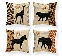 OCEUMACO Linen Cushion Covers 50cm x 50cm Sofa Living Room Set of 4 Square African Animal Print Throw Pillow Cases 20x20 Inches Outdoor Elephant Zebra Ethnic Pillowcases Cushions Cover - Brown
