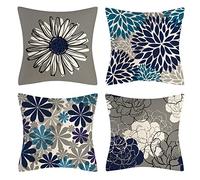 OCEUMACO Linen Cushion Covers 50cm x 50cm Sofa Living Room Set of 4 Square Daisy Floral Throw Pillow Cases 20x20 Inches Outdoor Geometric Boho Flowers Pillowcases Cushions Cover - Grey Navy