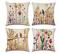 OCEUMACO Linen Cushion Covers 50cm x 50cm Sofa Set of 4 Square Abstract Flowers Throw Pillow Cases 20x20 Inches Outdoor Decorative Art Birds Floral Pillowcases Cushions Cover - Multicoloured