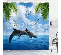 OCEUMACO Shower Curtain 3D Dolphin Birds Design Bathroom Wet Room Extra Long Ocean Green Leaves Bath Curtains Anti Mould Proof Mildew Resistant 180 x 200 cm Waterproof Fabric with Hooks - Blue