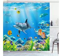 OCEUMACO Shower Curtain 3D Dolphin Under the Sea Bathroom Wet Room Extra Long Tropical Underwater Fish Bath Curtains Anti Mould Proof Resistant 180 x 180 cm Waterproof Fabric with Hooks - Blue 6