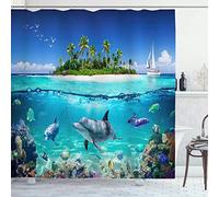 OCEUMACO Shower Curtain 3D Dolphin Under the Sea Bathroom Wet Room Extra Long Tropical Underwater Fish Bath Curtains Anti Mould Proof Mildew Resistant 180 x 200 cm Waterproof Fabric with Hooks