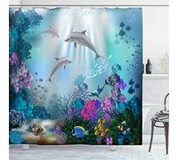 OCEUMACO Shower Curtain 3D Dolphin Under the Sea Bathroom Wet Room Extra Wide Underwater Kids Bath Curtains Anti Mould Proof Mildew Resistant Washable 240 x 200 cm Waterproof Fabric with Hooks