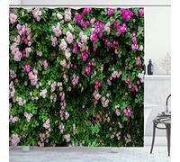 OCEUMACO Shower Curtain 3D Garden View for Wet Room Extra Long Outdoor Scene Fence Flowers Bathroom Curtains Anti Mould Proof Resistant 180 x 200 cm Waterproof with Hooks Eyelets - Green Pink