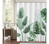 OCEUMACO Shower Curtain Tropical Green Leaves Bathroom Wet Room Extra Long Jungle Leaf White Garden Bath Curtains Anti Mould Proof Mildew Resistant Washable 120 x 200 Waterproof with Hooks