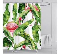 OCEUMACO Shower Curtain Wet Room Green Banana Leaves Print Bathroom Bath Curtains Jungle Tropical Leaf Pink Flamingo Mould Proof Resistant Washable 180 x 180 cm Waterproof Polyester