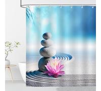 OCEUMACO Zen Extra Long/Wide Shower Curtain Anti Mould Proof Resistant 200x200cm Drop Blue Grey Pebble Lotus Bath Shower Curtains for Bathroom Wet Room Waterproof Washable Fabric with Hooks
