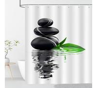OCEUMACO Zen Extra Long/Wide Shower Curtain Anti Mould Proof Resistant 240x200 cm Drop Black Pebble White Bath Shower Curtains for Bathroom Wet Room Waterproof Washable Fabric with Hooks
