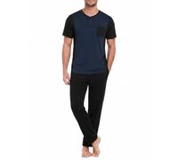 Ocextami Mens Pyjamas Set Short Sleeve Cotton Pjs Two-Piece Sets Navy Blue