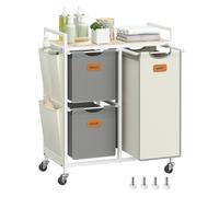 Ochama 100 L Rolling Laundry Sorter with 3 Compartments, Shelves, Removable Liners & 6 Labels - Natural Beige, Dove Grey & Cream White, 68.6x33x81cm