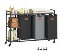 Ochama 3-Compartment Laundry Basket with Shelves, Steel Frame and Engineered Wood Panels, on Wheels, 150 L Capacity, 117 x 33 x 80.5 cm, Black and Gray