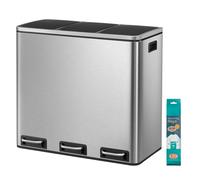 Ochama 3 x 18L Multi-Compartment Recycling Bin - Silver Grey & Ink Black, Soft-Close Lids, Pedals, Inner Buckets, for Waste, Recycling & Food Scraps - Durable Mixed Materials，61.7x35.2x56.4cm