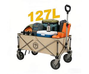 ochama Collapsible Compact Camping Wagon 127L Sand Yellow, 200kg Load Capacity, 250L Stackable Capacity, Dual Brake 360° Swivel Wheels, Space-Saving Storage, Heavy-Duty Spray-Painted Steel Tubes, Perf