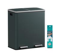 Ochama Greenish Grey Dual 30L (8 Gal Each) Recycling Bin - Metal, 2 Compartments, Pedals, Soft-Close Lids, Plastic Inner Buckets, Includes 15 Waste Bags, 59x36.5x62.4cm