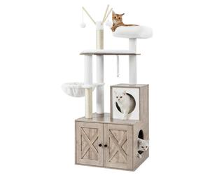 Ochama Greige 2-in-1 Modern Cat Tower with Litter Box Enclosure, Includes Scratching Posts and Removable Pompom Sticks, Washable Cushions for Easy Cleaning, 57x50x150cm
