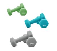 Ochama Lime, Teal & Light Grey Hex Dumbbell Set - Includes Stand, 3 Pairs (1 kg, 2 kg, 3 kg), Neoprene Matte Coating - Perfect Hand Weights for Home Fitness