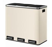 Ochama Sand Beige Triple Recycling Bin - 3 x 18 L (4.8 Gal Each), Steel, Soft-Close Lids, Pedals, Inner Buckets, Includes 15 Liners - Perfect for Kitchen Waste Separation, 61.7x35.2x56.4cm