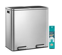 Ochama Silver & Black Dual 30L (8 Gal Each) Recycling Bin -59x36.5x62.4cm Metal, 2 Compartments with Pedals, Soft-Close Lids, Plastic Inner Buckets, Includes 15 Liners