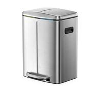 Ochama Silver Dual 20L Step Bin for Kitchen - 2 Compartments, Metal, Plastic Inner Buckets, Soft-Close Lids, Handles & Odour Seal - Great for Waste Separation, 42.7x40.8x60.2cm