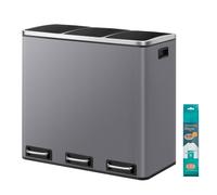 Ochama Slate Grey 3-Compartment Recycling Bin - 3 x 18 L (4.8 Gal Each), Steel, Soft-Close Lids & Pedals, Inner Buckets, 15 Liners Included - Ideal for Waste Separation in Kitchen, 61.7x35.2x56.4cm