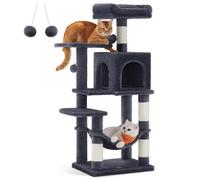 Ochama Smoky Grey 112 cm Multi-Level Plush Cat Condo - 4 Scratching Posts, 2 Perches, Cave, Hammock & Pompoms - Compact Cat Tree Tower for Indoor Cats, 45x35x112cm