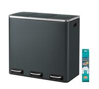 Ochama Triple Compartment Recycling Bin, 3 x 18L Waste Pedal Bin for Kitchen, Soft-Close Lids, Steel, Gray