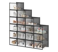 Ochama x SONGMICS Shoe Boxes Set of 18, Clear Stackable Plastic Storage Organiser, 35 x 25 x 18.5 cm, Black