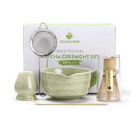 Ochcahser Matcha Set - Japanese Ceremony Kit with Bowl, Whisk Holder, Bamboo Whisk and Scoop, 17 oz Mottled Green Glaze Ceramic Set for Tea Lovers