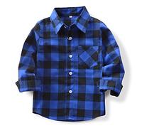 OCHENTA Boys' Girls' Flannel Shirt Long Sleeve Button Down Chirstmas Plaid Tops E005 Blue Black Tag 100CM - 2T