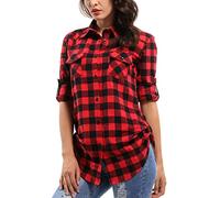 OCHENTA Women's Roll Up Sleeve Button Down Plaid Flannel Shirt Fall Casual Tops, 1 D056 Black Red, L