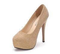 OCHENTA Women's Round Toe High Heel Platform Slip On Pumps for Party Wedding Glitter Gold Asian Size 46 - UK B(M) 10.5