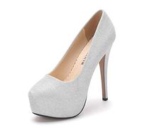 OCHENTA Women's Round Toe Stiletto High Heel Platform Slip On Pumps Glitter Sliver Asian Size 35 - UK B(M) 3.5