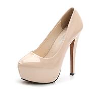 OCHENTA Women's Round Toe Stiletto High Heel Platform Slip On Pumps PU Beige Asian Size 41 - UK B(M) 7.5