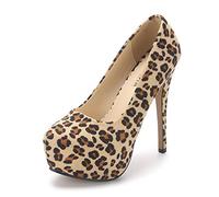 OCHENTA Women's Round Toe Stiletto High Heel Platform Slip On Pumps Suede Leopard Asian Size 44 - UK B(M) 9.5