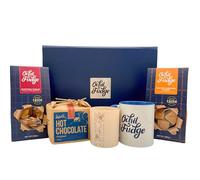 Ochil Fudge Comforts Gift Hamper - Salted Caramel & Scottish Tablet Fudge Cubes, Hot Chocolate, Amber Glow Candle & Branded Mug