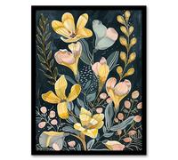 Ochre Freesia Flowers Painting Dark Wildflowers Framed Art Print Artery8 Yellow A4