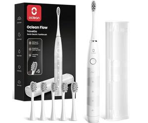 Oclean Sonic Electric Toothbrush TravelGo FlowSet, 180 Days Battery Life, 76000 VPM Motor, 5 Modes, Waterproof, USB C Rechargeable, 6 Replacement Heads & Travel Case, Eco-Friendly Packaging, White