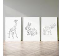 OCMM Set of 3 Geometric Animal Prints - Giraffe, Elephant & Rabbit | A3 Mono Posters for Nursery, Playroom or Bedroom Boys Girls Wall Art Decor.