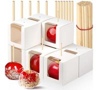Ocmoiy 30 Pack Candy Apple Boxes with Sticks, 4" x 4" x 4" Kraft Caramel Apple Gift Box with Clear Window for Halloween, Thanksgiving, Wedding, Baby Shower, Party (White)