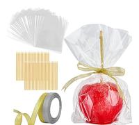 Ocmoiy DIY Candy Apple Kits - 100 Pcs Sticks and Bags With 50 Yard Gold and Silver Glitter Ribbons for Large Caramel Apple Lollipop Making Packaging Supplies