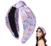 OCOUYVD Purple Flower Print Knotted Headbands Colourful Butterfly Cute Wide Top Knot Cotton Headband for Women's Hair, Hair Styling Fashion Hairbands Non Slip Wide Head Band Accessories for Girls