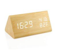 OCT17 Wooden Alarm Clock, Smart LED Digital Clock for Bedroom/desks, Upgraded with Time Temperature, Adjustable Brightness and Voice Control, Humidity Displaying - Bamboo