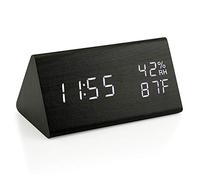 Oct17 Wooden Alarm Clock, Smart LED Digital Clock for Bedroom/desks, Upgraded with Time Temperature, Adjustable Brightness and Voice Control, Humidity Displaying - Black