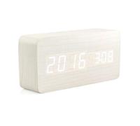 OCT17 Wooden Digital Alarm Clock, Multi-Function Smart LED Light With USB Power Supply, Voice Control, Thermometer - White