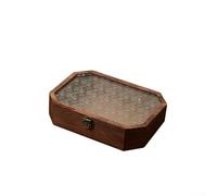 Octagonal handmade solid wood storage box with Begonia flower glass top for stylish vintage-inspired organization of desktop items (M)