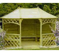 Octagonal Oval Wooden Gazebo With Floor, Trellis & Fully Boarded Rear Walls, Pressure Treated - 12Ft X 8Ft (3.5M X 2.5M)