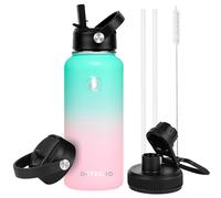 OcTecho Metal Water Bottle with Straw, 1L Stainless Steel Water Bottle 2 Leakproof Lid, BPA Free Double Walled Vacuum Insulated Water Bottle Thermal for 12h Hot & 24h Cold,for Man,Woman-Green+Pink
