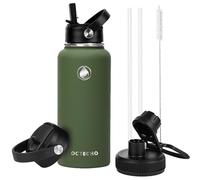 OcTecho Metal Water Bottle with Straw, 1L Stainless Steel Water Bottle 2 Leakproof Lid, BPA Free Double Walled Vacuum Insulated Water Bottle Thermal for 12h Hot & 24h Cold,for Man,Woman-Olive Green