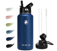 OcTecho Metal Water Bottle with Straw, 950ml Stainless Steel Water Bottle 2 Leakproof Lids, BPA Free Double Walled Vacuum Insulated Water Bottles Thermal for 12h Hot & 24h Cold,for Man,Woman-Navy